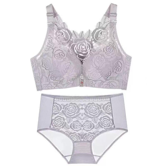 Ensemble de lingerie Lisade gris clair composé d'un soutien-gorge à fermeture devant et d'une culotte haute en dentelle florale