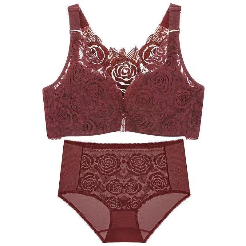 Ensemble de lingerie Lisade rouge avec soutien-gorge sans armatures à dentelle florale et culotte taille haute assortie