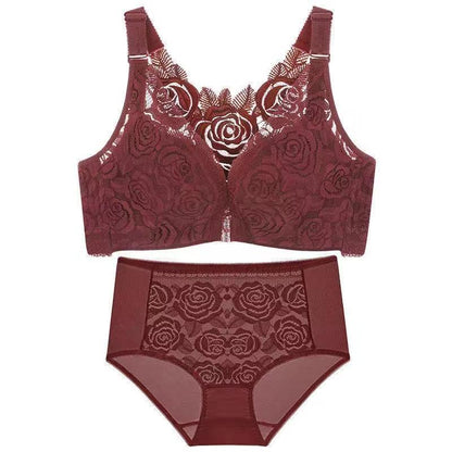 Ensemble de lingerie Lisade rouge avec soutien-gorge sans armatures à dentelle florale et culotte taille haute assortie