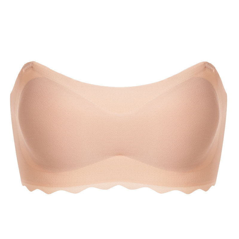 Soutien-gorge bandeau sans bretelles Lancy beige présenté seul, avec bonnets lisses